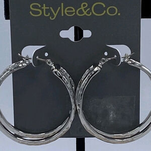 Style & Co Silver Tone Hammered Openwork Hoop Earrings, 1.5", NWT